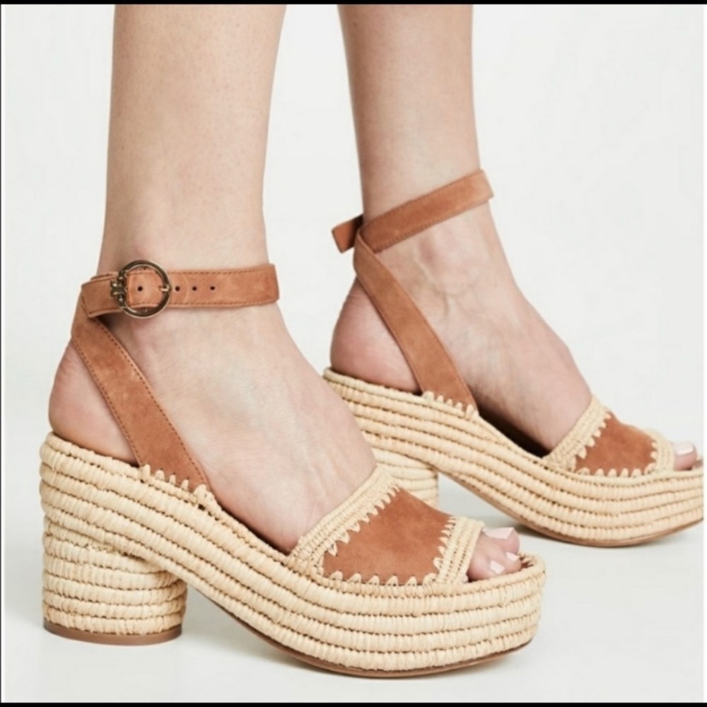 Tory Burch Suede Raffia Cylindrical Heel Platform Sandals Brown Tan Sandals